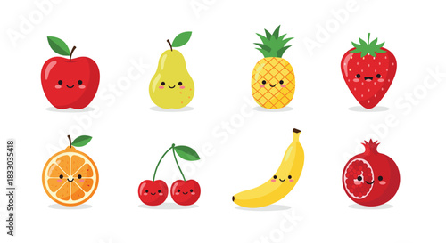 Adorable collection of eight kawaii fruit characters with cute smiling faces, including apple, pear, pineapple, and strawberry. This sweet food set is perfect for children's designs and stickers.
