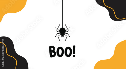 Spooky and fun Halloween banner with a black spider hanging from its web above the word BOO! on a white background. This festive design is perfect for party invitations and decorations.