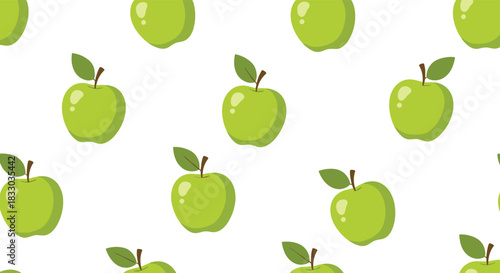 Fresh and simple seamless pattern of vibrant green apples with small leaves, scattered across a clean white background. This healthy fruit design is perfect for kitchen decor and food packaging.