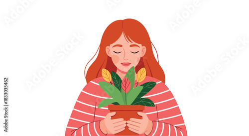 Serene young woman with red hair and closed eyes, peacefully smiling while holding a green potted plant in her hands. This illustration represents concepts of self-care and nature connection.