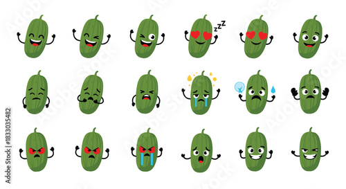 Large collection of expressive green cucumber cartoon characters showing a wide range of emotions like happiness and sadness. This funny vegetable emoticon set is ideal for stickers and food blogs.