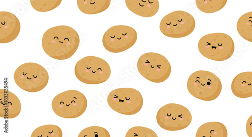 Fun seamless pattern of cute kawaii potato characters with a variety of happy and funny facial expressions on a white background. This charming vegetable-themed design is perfect for food packaging.