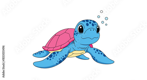 Adorable cartoon sea turtle character with a blue body, pink shell, and cute big eyes, swimming with bubbles. This charming underwater animal illustration is perfect for nursery art.