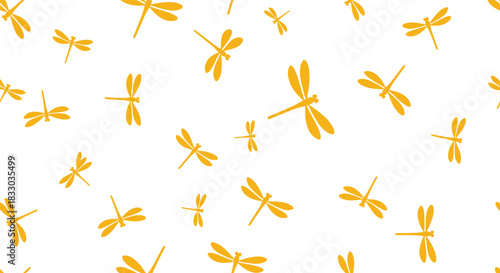 Simple and elegant seamless pattern of yellow dragonfly silhouettes flying in various directions on a clean white background. This minimalist insect design is perfect for modern wallpaper.