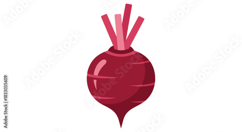Simple flat design illustration of a single fresh beetroot with pink stems, isolated on a white background. This clean and modern root vegetable icon is ideal for healthy eating and vegan concepts.