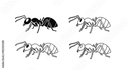 Set of four ant illustrations in different line art and silhouette styles, isolated on a white background. This insect icon collection is perfect for logos, educational materials, and nature designs.