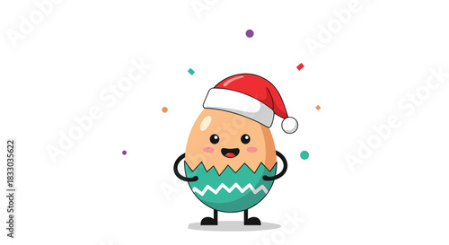 Happy cartoon egg character wearing a Santa hat and celebrating with colorful confetti, perfect for Christmas. This cute and festive illustration is great for holiday greetings and party invitations.