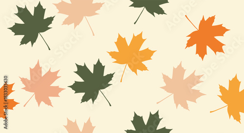 Calm and muted seamless autumn pattern with maple leaves in earthy tones like green, orange, and beige. This subtle fall foliage design is great for sophisticated seasonal decor and textiles.