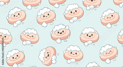 Adorable kawaii soap bars with happy, winking faces and fluffy bubbles create a charming seamless pattern on a soft blue background.