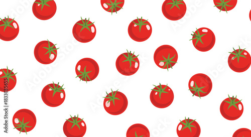 Fresh red cherry tomatoes with green stems are scattered across a white background, forming a vibrant and healthy seamless vegetable pattern.