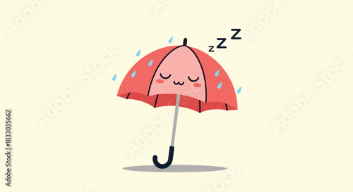 Charming kawaii-style red umbrella with a sleeping face is being rained on, creating a cute and cozy weather-themed illustration.