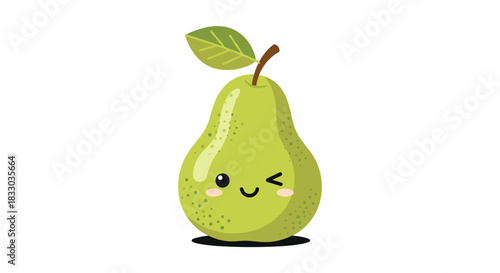 Charming kawaii green pear character with a cute winking face and rosy cheeks, standing on an isolated white background illustration.
