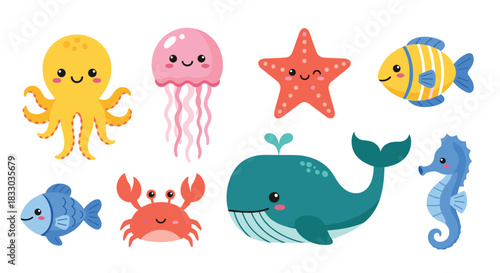 Adorable collection of colorful kawaii sea animals, including an octopus, jellyfish, starfish, whale, and crab, on a white background.