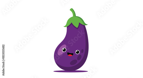 Happy purple eggplant vegetable character with a cute smiling face and green top, standing on an isolated white background.