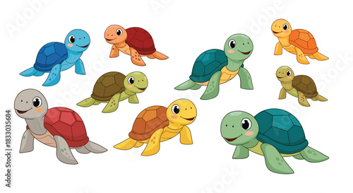 Large collection of cute and friendly cartoon turtles and sea turtles in various colors like blue, green, red, and orange.