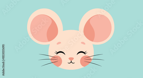 Adorable cartoon mouse face with large pink ears, closed eyes, and blushing cheeks creates a sweet and happy character design.