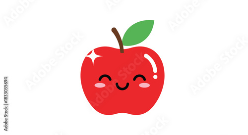 Joyful shiny red apple cartoon character with a sweet smiling face and blushing cheeks, sparkling on an isolated white background.