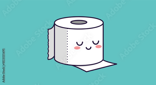 Adorable kawaii toilet paper roll character with a content, smiling face and rosy cheeks, illustrated on a solid teal background.