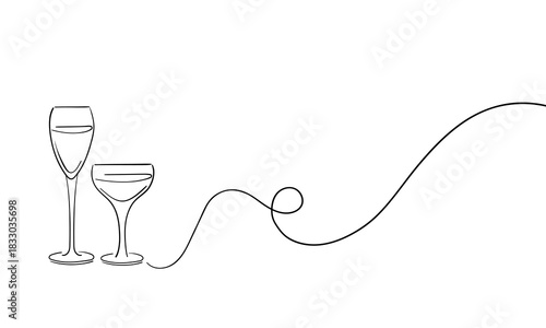 Continuous line champagne cheers one line art, continuous drawing contour. Hands toasting with wine glasses with drinks. Cheers toast festive decoration for holidays. Vector illustration	