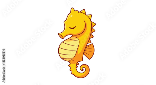 Adorable yellow cartoon seahorse with closed eyes, sleeping peacefully while floating on an isolated white background illustration.