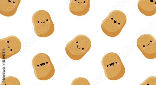 Charming seamless pattern of cute kawaii potato characters with various happy and winking faces on a clean white background.
