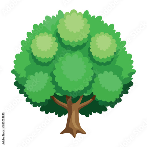A cartoon-style green tree with a round, fluffy canopy and a brown trunk, illustrated in a bright, clean, and cheerful style