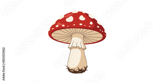 Detailed illustration of a classic fly agaric mushroom with a red and white spotted cap, isolated on a clean white background.