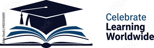 Graduation cap and open book icon for global education concept