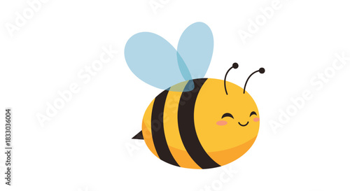 Cheerful and chubby little bee with a happy, blushing face and translucent wings, flying on an isolated white background.