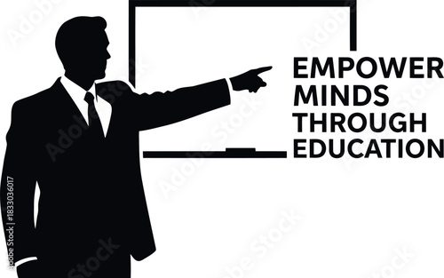 Educator pointing at whiteboard, "empower minds through education"
