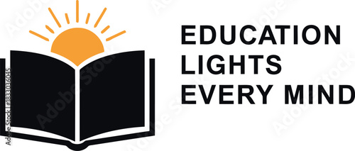 Education lights every mind concept, open book, rising sun symbol