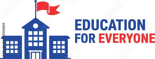 School building icon with flag, text 'education for everyone'