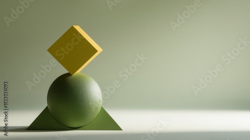 A yellow cube balances on a green sphere, which rests on an inverted triangle,
