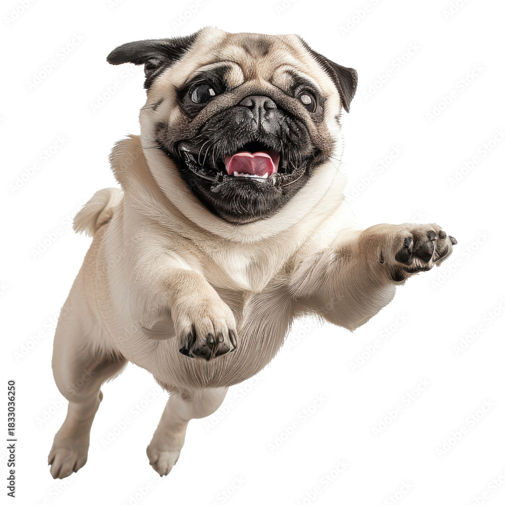 Fototapeta premium Happy pug jumping in the air with excitement