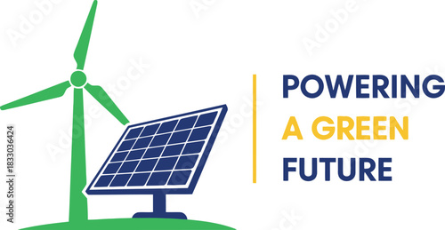 Renewable energy concept with solar panel, wind turbine icon