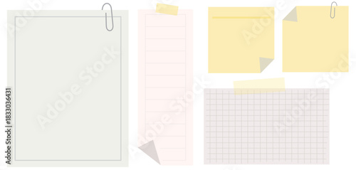 vectors of lined and gridded light color blank note papers  with paperclip and tape on transparent background