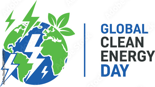Global clean energy day earth power leaf lightning illustration