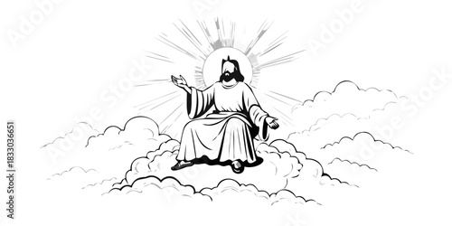 Our Lord, Jesus Christ our Saviour, sitting on a throne high above the clouds in heaven, with healing peaceful light bursting out across his kingdom
