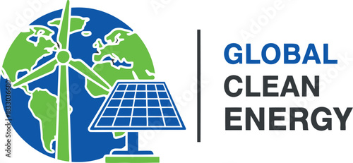 Global clean energy concept with solar panel and wind turbine.