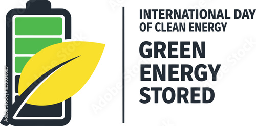 Green energy stored in battery, clean power symbol, ecology