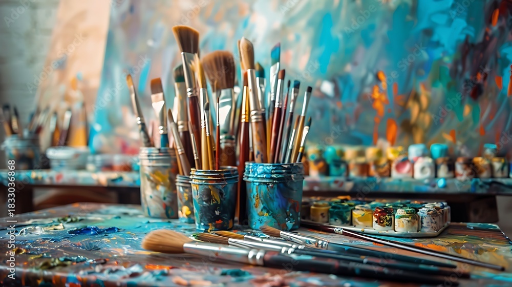 Fototapeta premium Art studio with brushes paints and canvas in vibrant colors