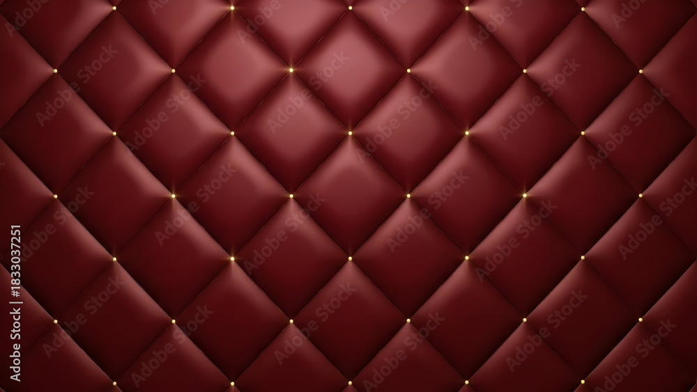 Obraz premium Close-up of a luxurious, deep red, diamond-patterned, tufted upholstery with gold buttons, creating a rich and textured background.