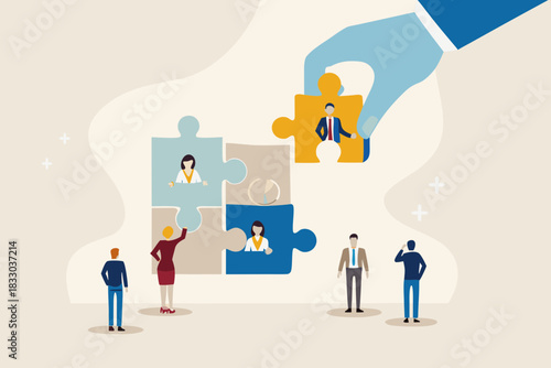 Building a team hand placing puzzle piece with businessman illustration