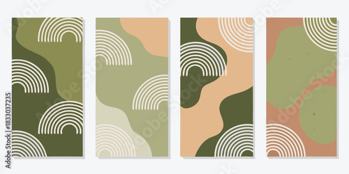 Abstract boho backgrounds with arcs and organic shapes in earthy tones