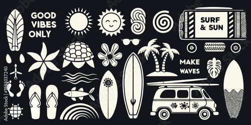 Summer beach vacation elements in black and white doodle style