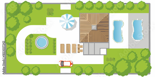Modern house top view with swimming pools and landscaping design