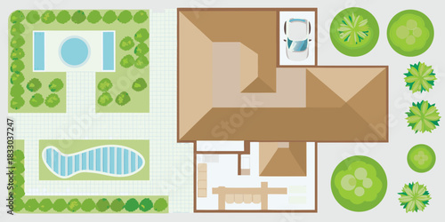 Architectural house plan with swimming pools car and landscaping top view