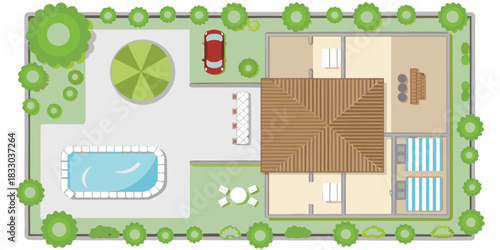 House plan with pool car and garden top view illustration