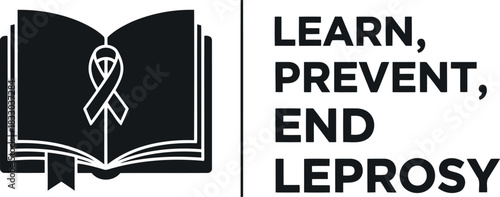 Leprosy awareness symbol with book and prevention message.