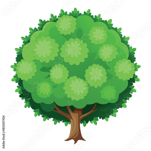 A cartoon-style green tree with a round, fluffy canopy and a brown trunk, illustrated in a bright, clean, and cheerful style